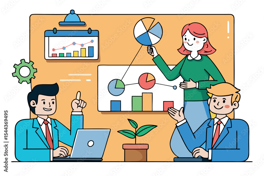 Aufkleber business professionals collaborating on a project presentation in a modern office setting with chart