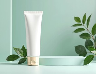 A sleek white tube adorned with vibrant green leaves gracefully wraps around its side, creating a fresh and natural aesthetic perfect for eco-friendly products.