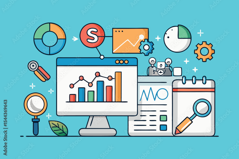 Poster digital analytics tools displayed on a desk with graphs, data, and charts for business insights