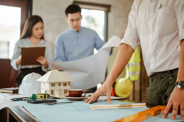 Architect engineer office concept. Architecture engineering plan. Construction plans.