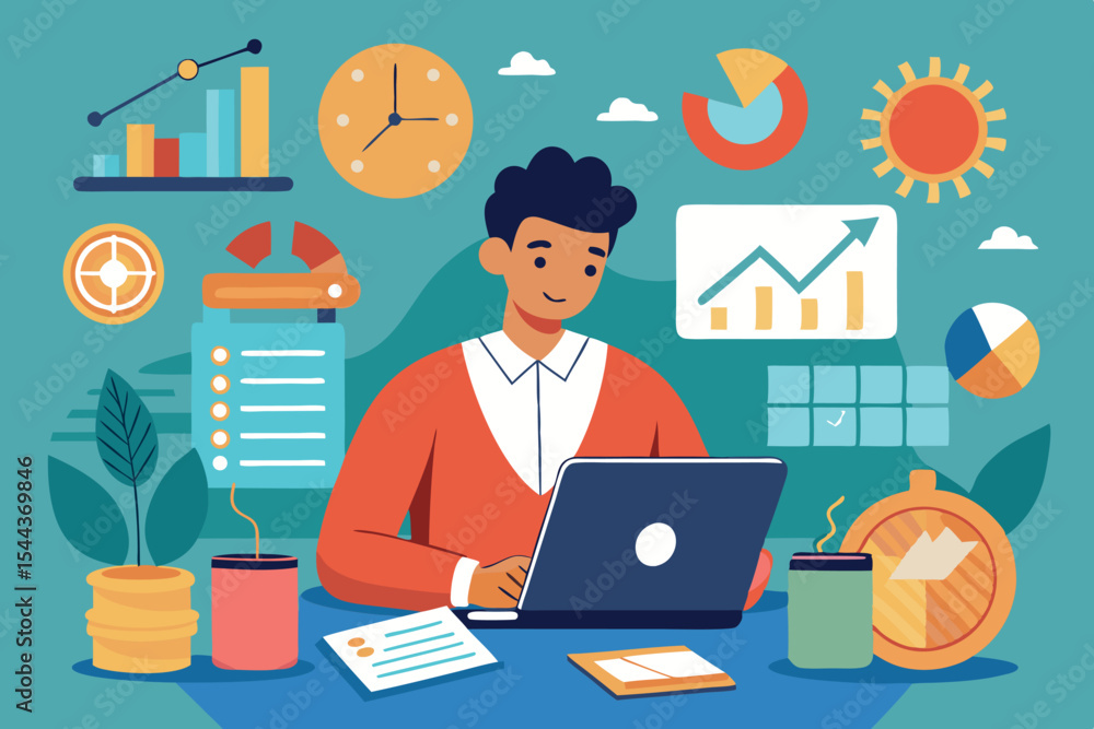Poster professional engaged in data analysis and strategy development at a modern workspace with vibrant vi