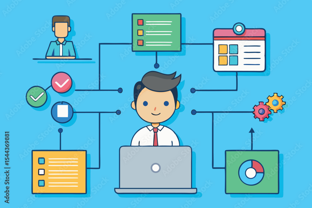 Poster workflow illustration featuring a person managing tasks and data with digital tools and charts in a 