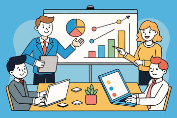 Business meeting showcasing data analysis and teamwork in a modern office setting