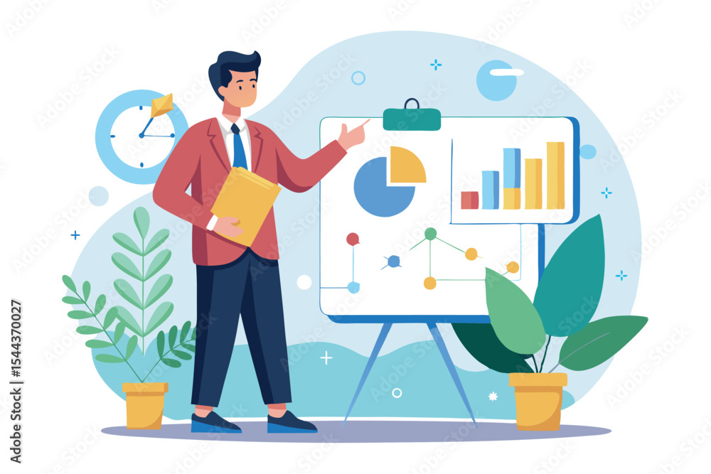 Poster business presentation on data analysis with charts and graphs in modern office setting