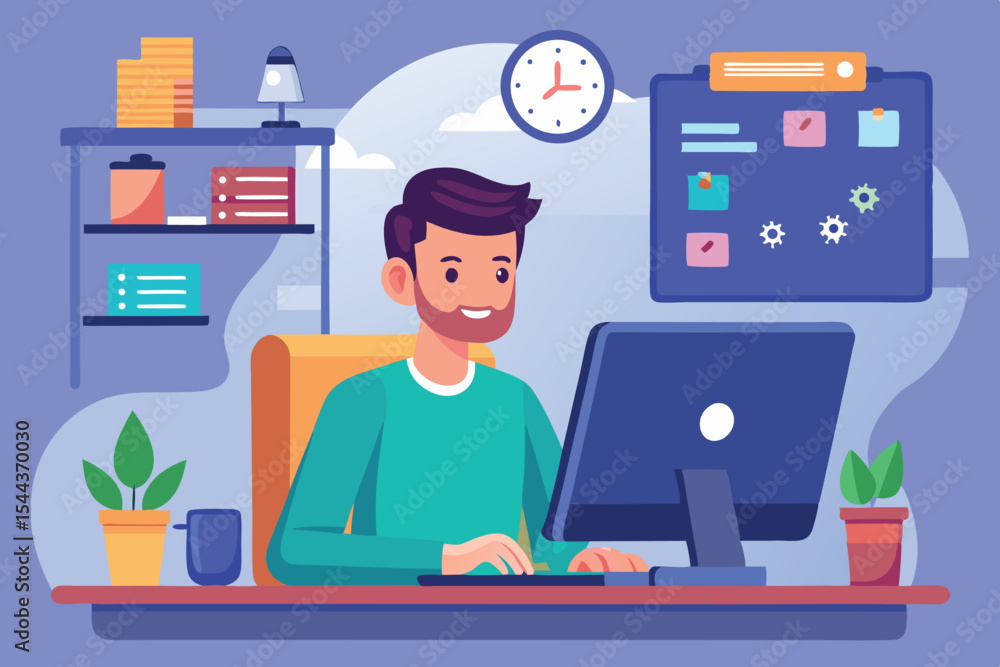 Poster person working on desktop computer in a home office environment during daytime hours