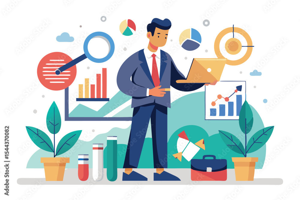 Poster business professional analyzes data with charts and graphs in a modern office setting