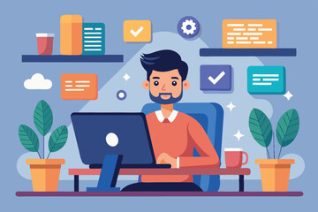 Fototapeta premium Illustration of a man working on a laptop in a cozy workspace during daytime