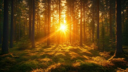 Fototapeta premium Golden sunlight streams through a dense forest