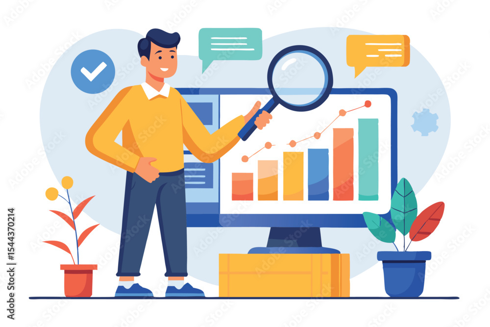 Poster man analyzing data on a computer while surrounded by plants