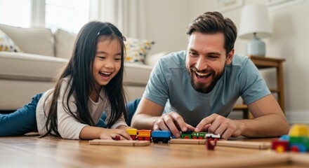 Obraz premium Father and daughter joyfully playing with a toy train