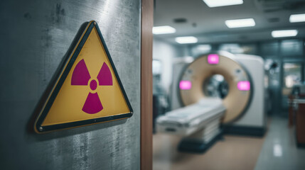 Radiation warning sign on wall in medical imaging facility. Yellow and magenta hazard symbol near CT scanner equipment. Hospital radiology department safety protocol and healthcare.