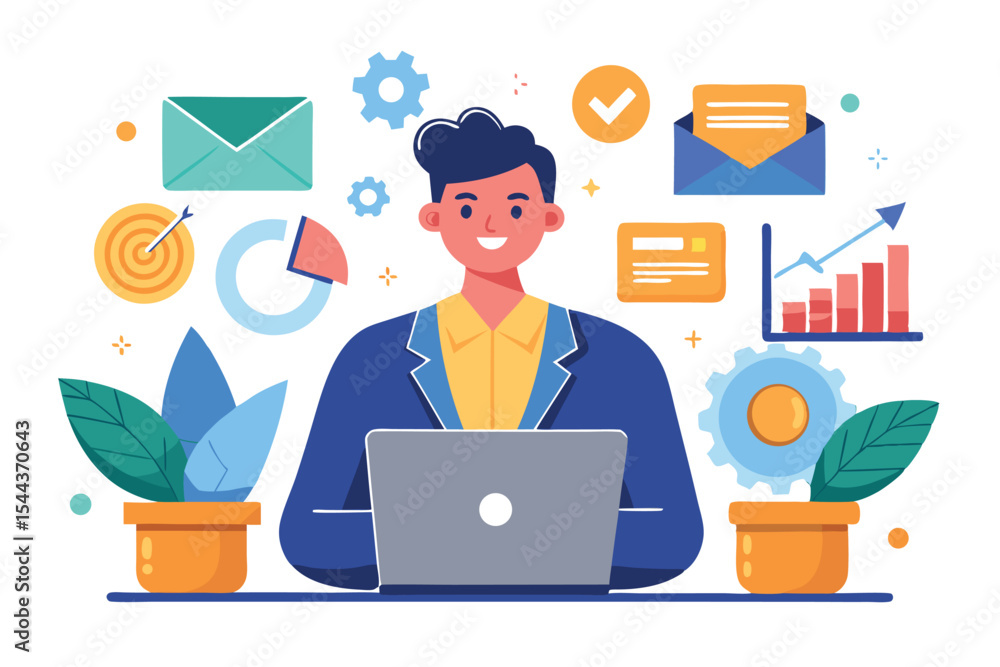 Poster man working on laptop with digital marketing elements in background