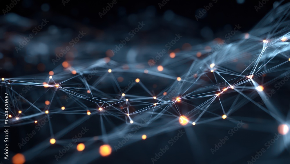 Poster high-tech digital network of glowing interconnected nodes, demonstrating tech innovation.