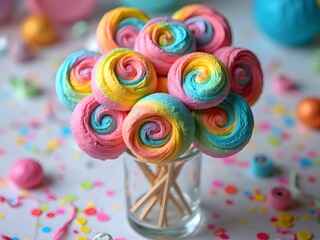 Obraz premium Rainbow Meringue Pops with Lollipop Sticks: Close-up image of swirled rainbow meringue pops on sticks, styled like lollipops, arranged in a tall glass jar with ribbons and confetti.