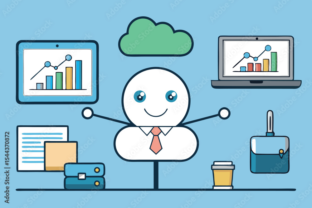 Poster creative office workspace with data analytics display and cheerful character