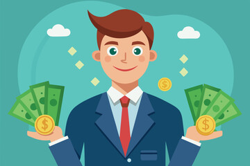 Businessman smiling while holding cash and coins in both hands, symbolizing financial success and prosperity