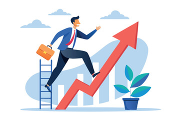 Fototapeta premium Business professional climbing ladder towards growth graph with upward arrow