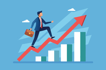Businessman climbs a graph symbolizing success in a vibrant and modern setting