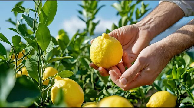 lemon hand picking organic harvest. Lemon harvest with hands gently picking ripe fruit from a tree.	
