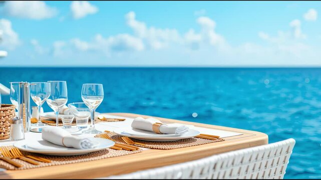 Luxury cruises on comfortable ships Elegant seaside dining setup with ocean view and vibrant decor.	
