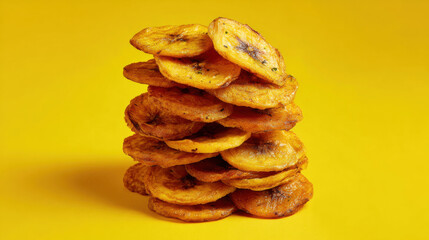 Stacked Fried Plantain Chips on Yellow Background.