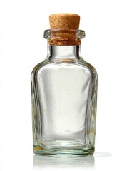 Empty Clear Glass Bottle with Cork Stopper on White Background