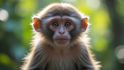 Fototapeta premium Adorable Baby Monkey Portrait: Close-up of a Young Monkey with Soft Fur and Expressive Eyes in a Lush Green Forest Setting