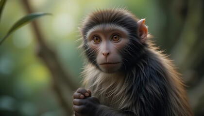 Fototapeta premium Adorable Close-Up Portrait of a Young Yunnan Snub-Nosed Monkey in its Natural Habitat