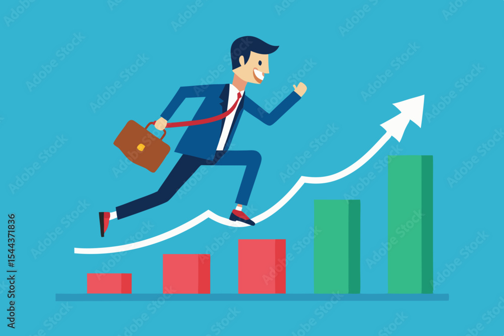 Aufkleber businessman running towards growth on a graph while holding a briefcase in a professional setting