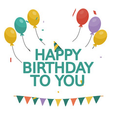 Colorful vector illustration of a "Happy Birthday" greeting with balloons, confetti, and bunting flags. Perfect for birthday cards, party invitations, social media posts, and festive decorations.