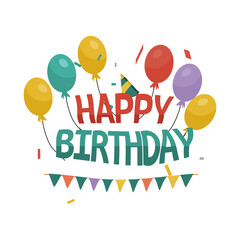Colorful vector illustration of a "Happy Birthday" greeting with balloons, confetti, and bunting flags. Perfect for birthday cards, party invitations, social media posts, and festive decorations.