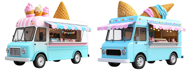 3D Render of Colorful Ice Cream Truck with Giant Cone on Top, side view, isolated on transparent background PNG