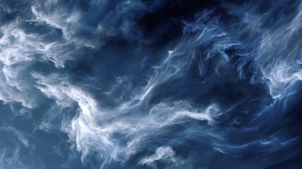Swirling white clouds over dark blue background.