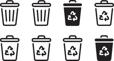 Simple Recycle Bin Icons in Outline and Solid Black Variants