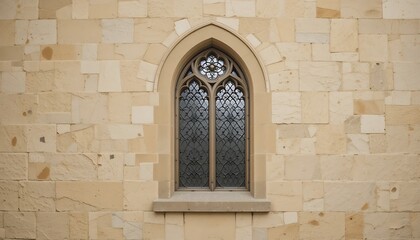 A Detailed Close-Up View of an Ornate Gothic-Style Window Set into a Light Beige Stone Wall