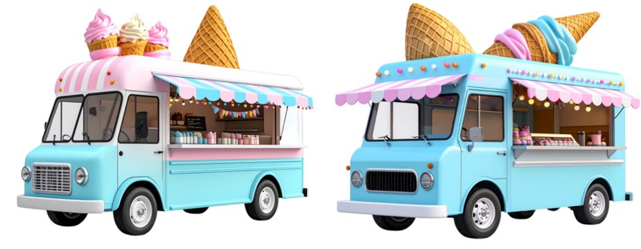  3D Render of Colorful Ice Cream Truck with Giant Cone on Top, side view, isolated on transparent background PNG