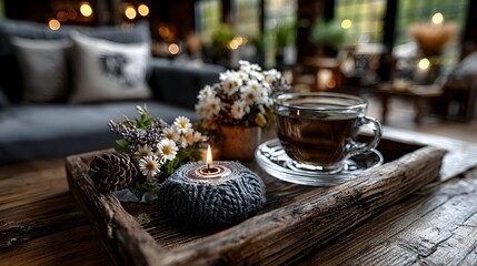 Fototapeta premium Cozy autumn tea, rustic living room