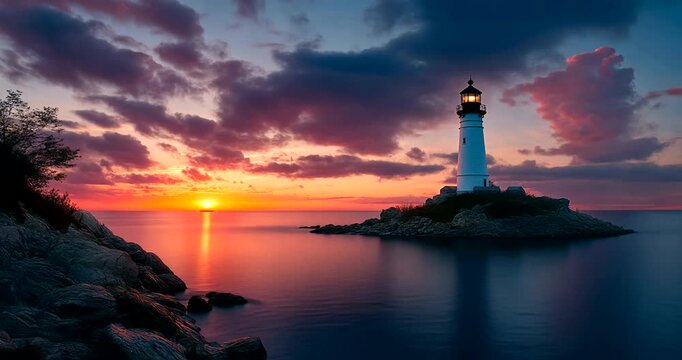 Serene sunset over lighthouse on rocky coastline