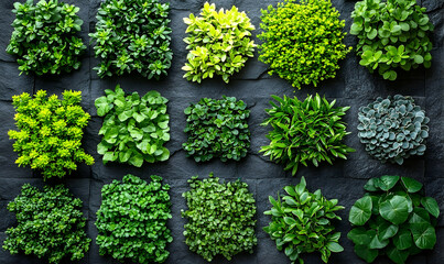 Diverse green plants arranged on a dark stone wall, creating a t