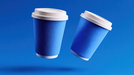 Two blue paper coffee cups with white lids float.