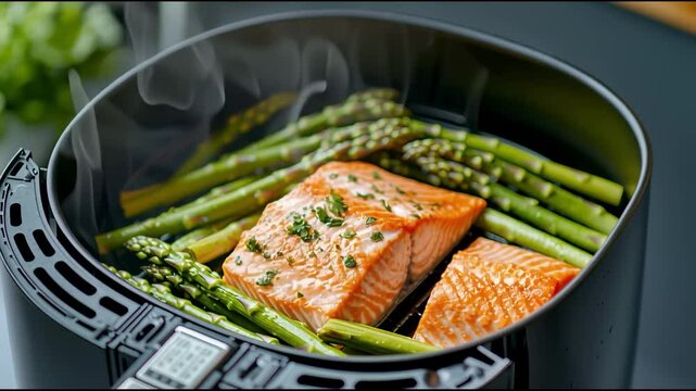 Air fryer clean food cooking easy. Cooking salmon and asparagus in an air fryer.	
