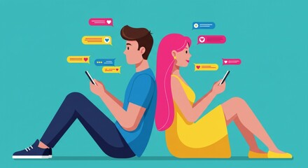 Flat vector illustration of a young man and woman sitting back to back while holding smartphones