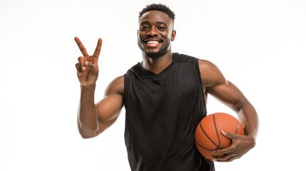 Young male basketball player smiling and posing with basketball while making peace sign against bright white background in studio setting