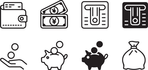 Simple Financial Icons with Yen Currency and Wallet Graphics