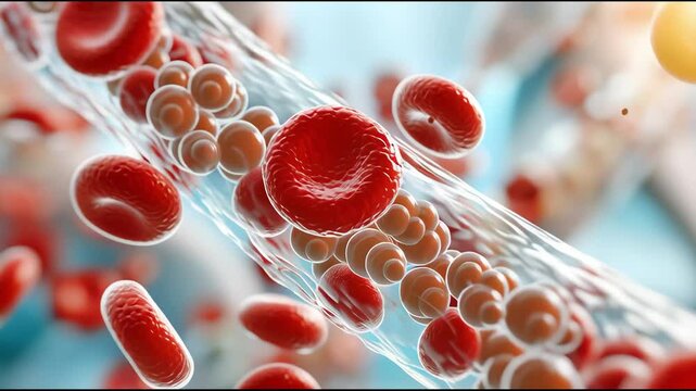 Stem cell blood research breakthrough. Microscopic view of blood cells in a vessel.	
