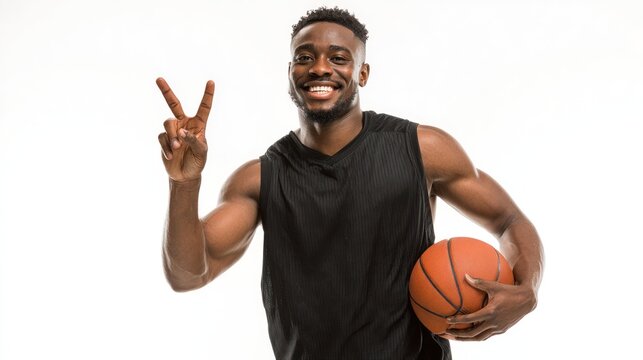 Young male basketball player smiling and posing with basketball while making peace sign against bright white background in studio setting
