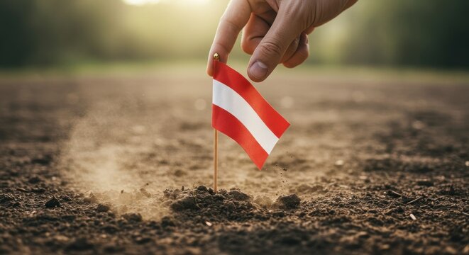 Hand placing a small Austrian flag into the soil during a sunny day outdoors - Powered by Adobe