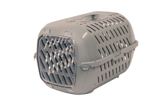 Blue plastic pet carrier with ventilation slats and an open wire door, portable travel crate for cats, small dogs, and small pets, isolated on white background. - Powered by Adobe