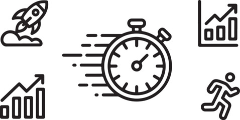 Icons of time, shipping, growth, and mail for business delivery and communication efficiency