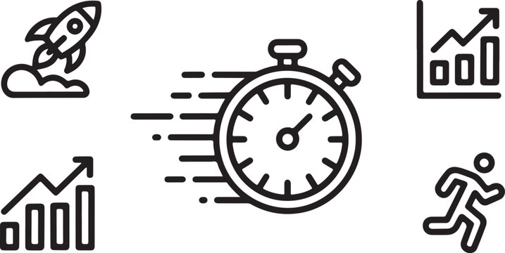 Icons of time, shipping, growth, and mail for business delivery and communication efficiency